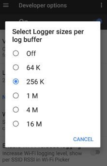 Cambiar el tamaño del búfer del registrador en Google Pixel y Pixel XL