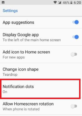 Deshabilite los puntos de notificación de la configuración de la pantalla de inicio en Android Oreo