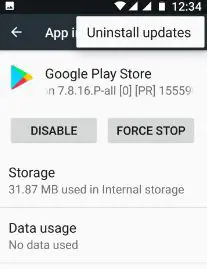 Desinstalar la actualización de Google Play Store para corregir el error 491