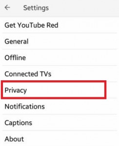 Toque en privacidad en la configuración de YouTube