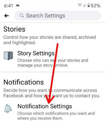 Configuración de notificaciones de la aplicación de Facebook