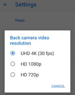 Resolución de video de la cámara en Pixel 3