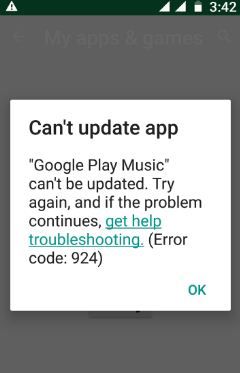 Corrija el código de error 924 de Google Play Store: la aplicación no se puede actualizar
