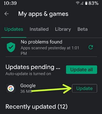 Verifique la Actualización de la aplicación de Google para averiguar si el feed de Google no funciona