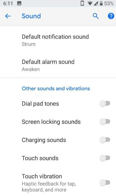 Configuración de sonidos y vibraciones de Android P