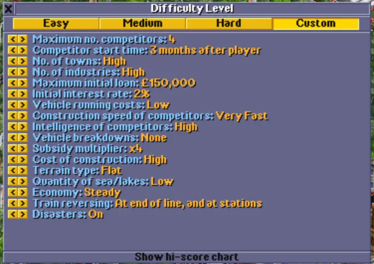 Modo OpenTTD Nostalgia 1995 IA y configuración del juego