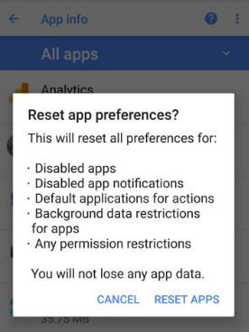 Restablecer aplicaciones en dispositivos Android 8.0 Oreo